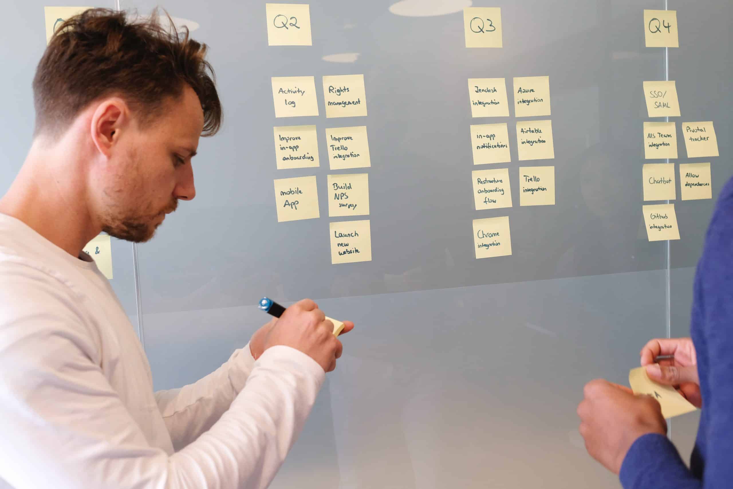 men working on saas growth hack with yellow sticky notes