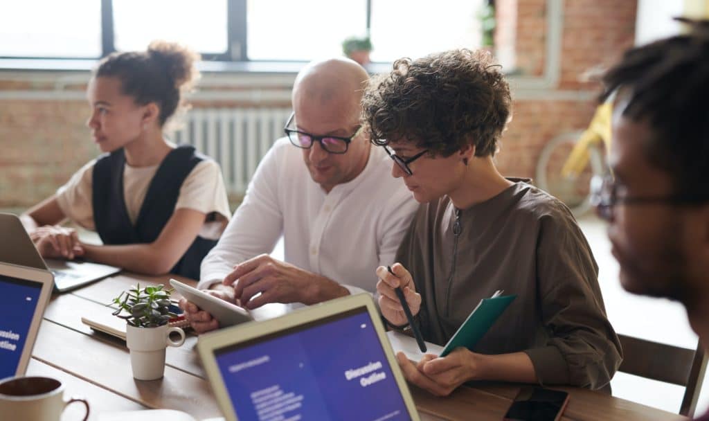 A team working on a project together